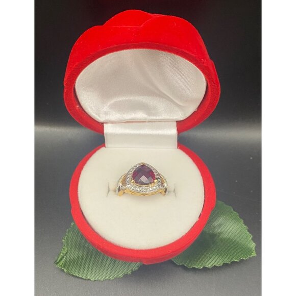 Vermeil Sterling Silver Trillion Cut Red Faux Ruby Ring 5.5g Sz 7 Red Rose Box - Picture 3 of 11